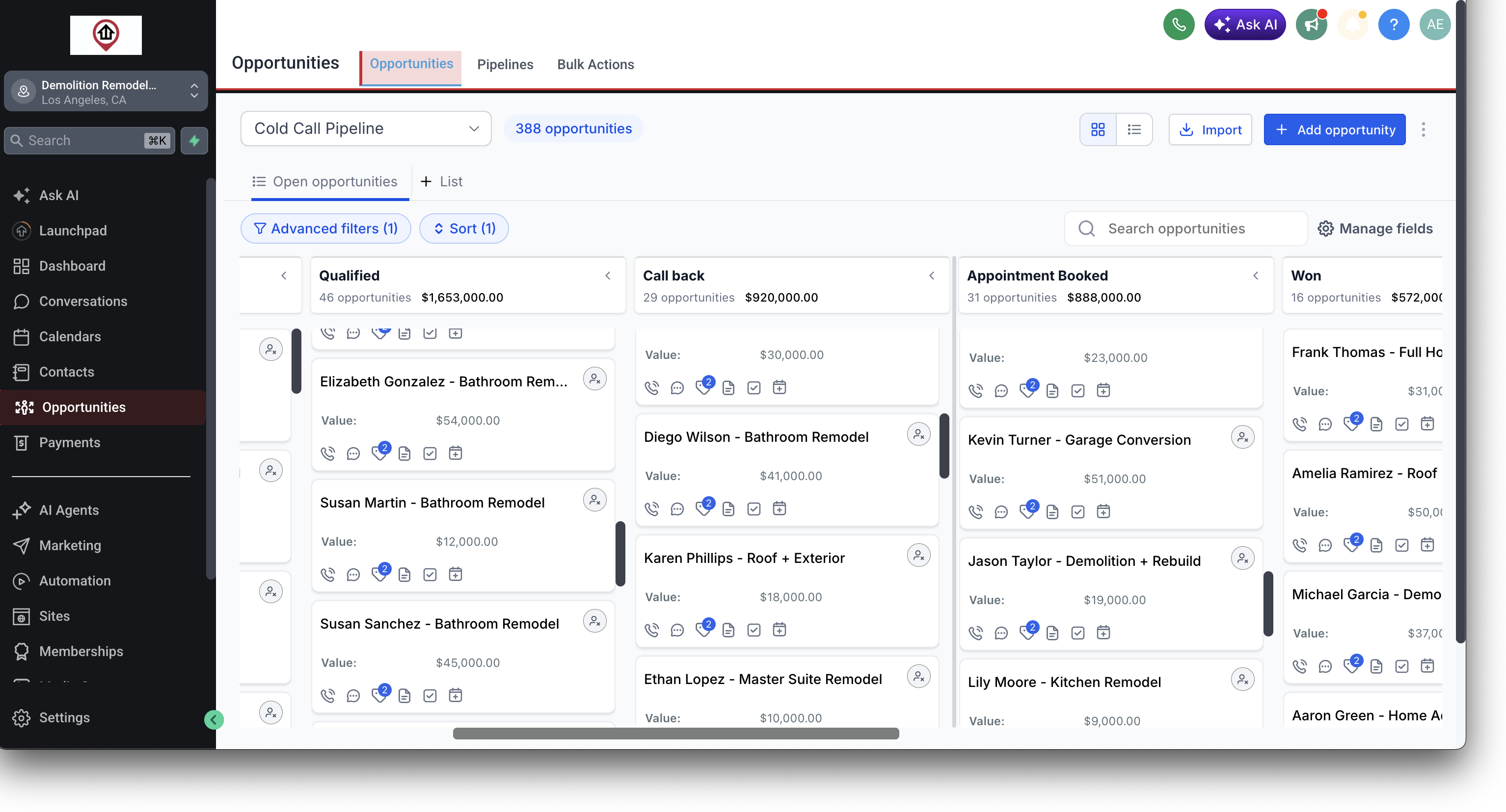Lead tracking system showing jobs moving through the pipeline